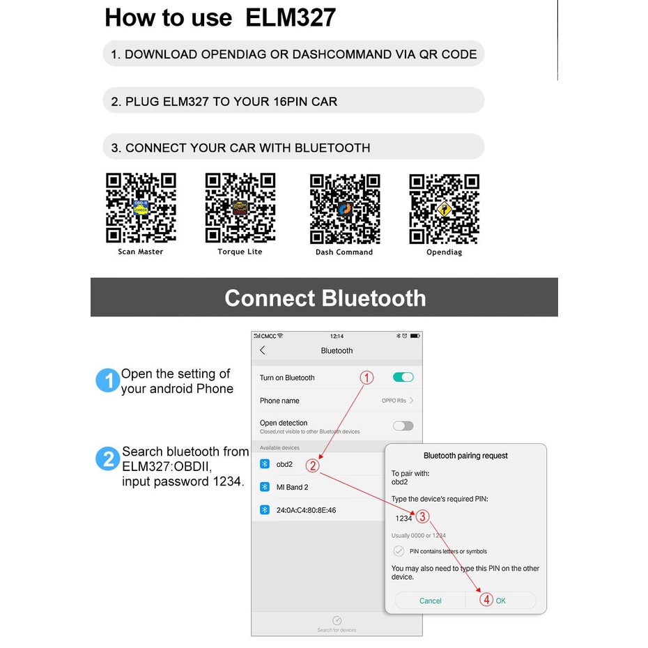 ANCEL ELM327 V1.5 Bluetooth Obd2 Scanner Car Scanner Obd2 Guage Odb2 Car Diagnostic Tool Obd Car Diagnostic Scanner Automotive Scanner  Check Engine For Universal Cars And Motorcycles HUD Display