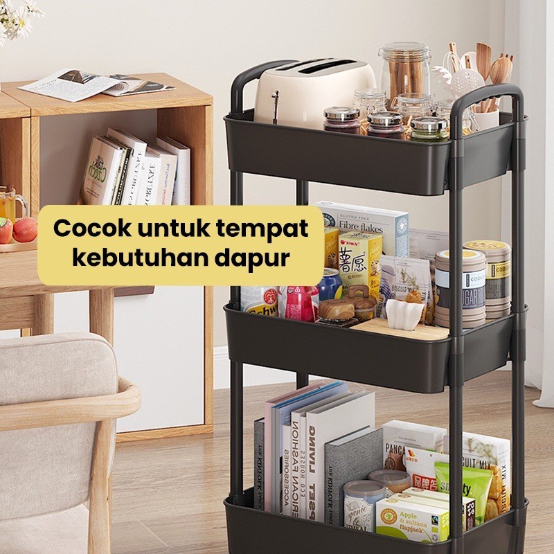 Rak Troli Susun Serbaguna Rak Dapur plastik Rak Salon Rak Kamar Mandi dengan Roda dan Pegangan Tempat Penyimpanan Makanan