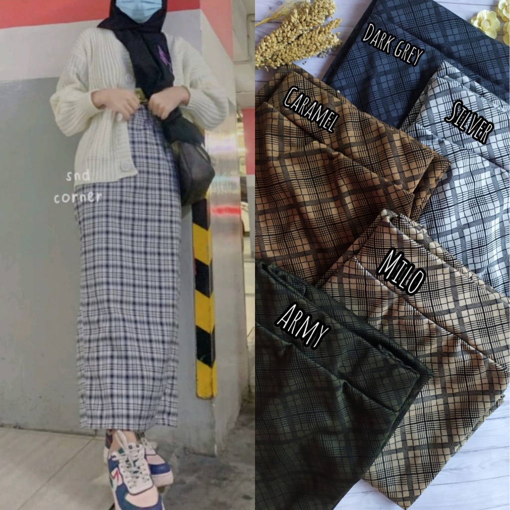 Rok Tartan Panjang Span Korean Style  Rok Kotak Kotak Panjang Korea Wanita Remaja matt Spandex Semi Woll