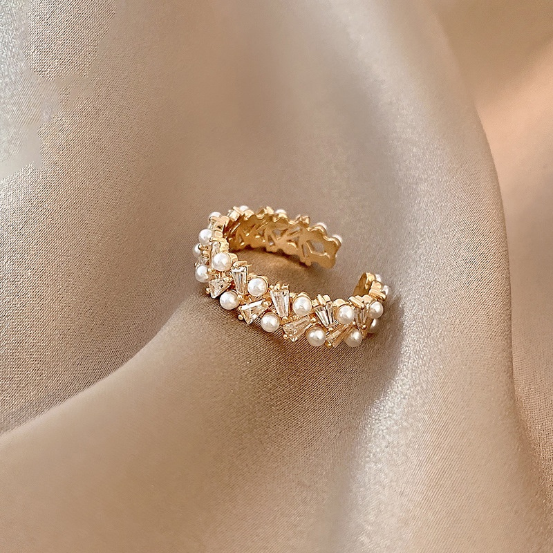 Cincin Zircon Mutiara Double layer Adjustable Untuk Wanita