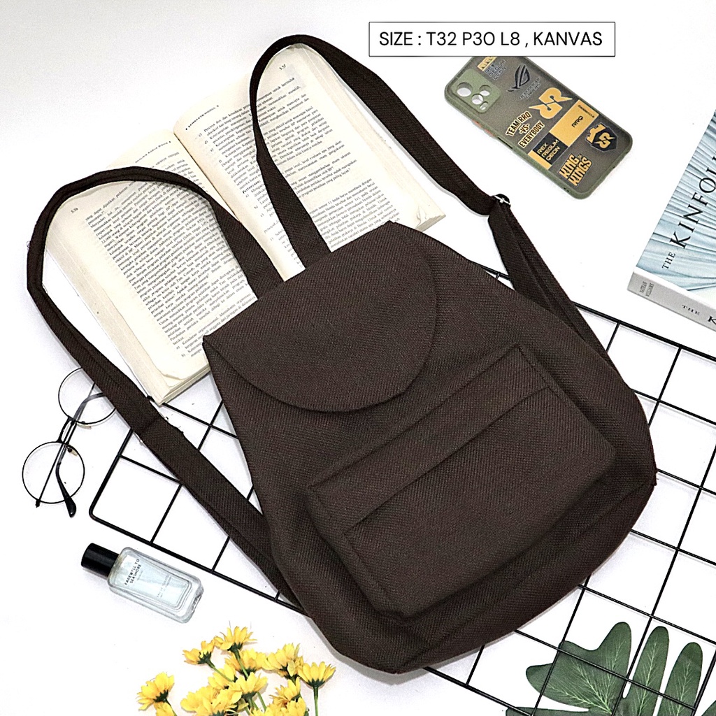 Bayar di Tempat COD Tas Ransel Serut Bahan Kanvas KANTONG Depan Ukuran Medium tas punggung wanita-Warna 654