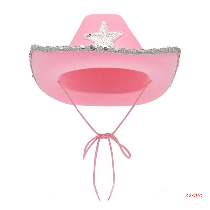 Topi Cowgirl Warna Pink Aksen Sequin Untuk Pesta Halloween