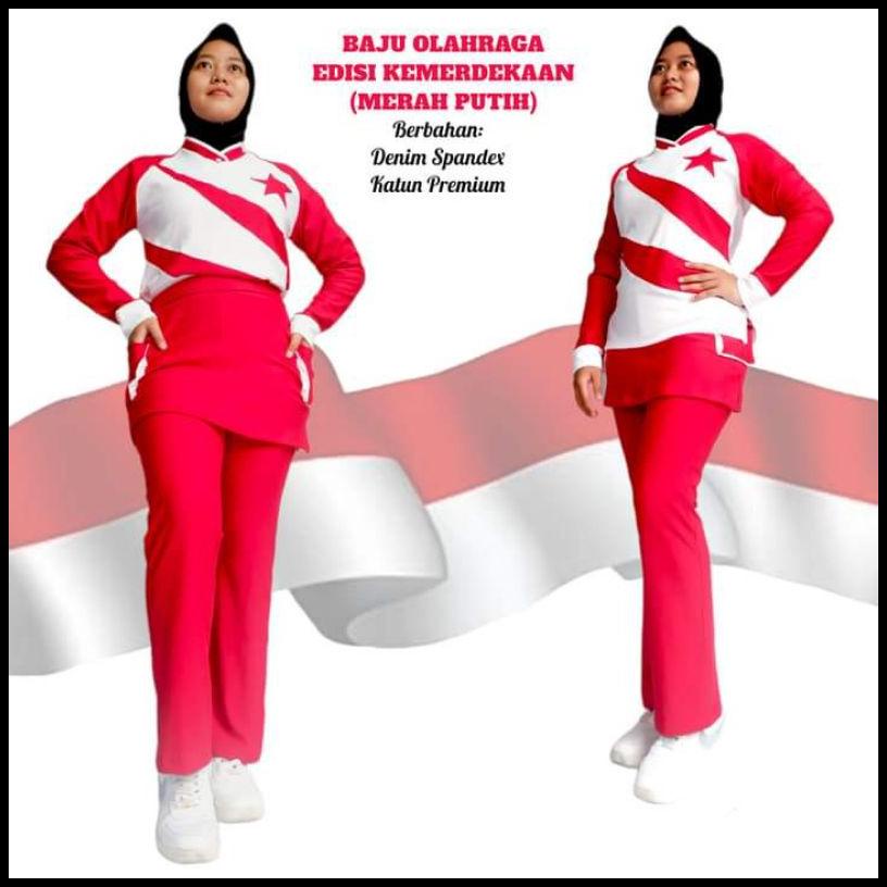 Baju Senam Merah Putih/ Baju Olahraga Wanita Merah Putih/ Setelan Baju Olahraga Muslim/ Baju Senam M