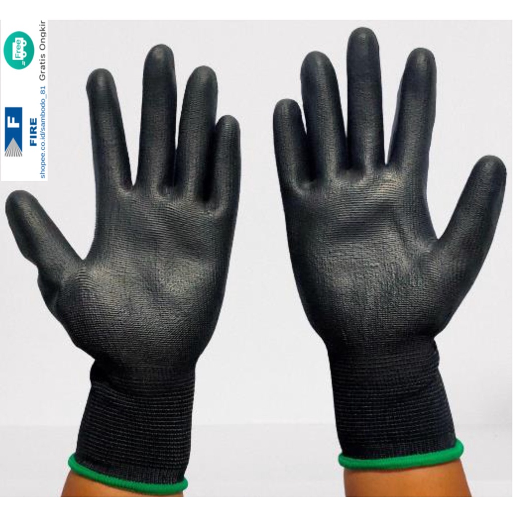 Sarung Tangan Palm Fit Ukuran S,M, L, XL Proyek Satpam Anti Slip Hitam Black Hand Gloves Mekanik Montir Berkebun Tukang Telapak Tangan dilapisi karet Bahan Nylon Polyester Elektronik Assembly Static Multi Purpose Polyurethane
