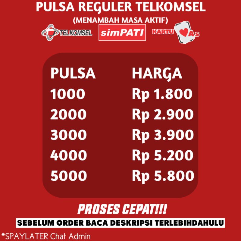 PULSA TELKOMSEL MURAH 1K,2K,3K,4K,5K 1000 2000 3000 4000 5000 PULSA REGULER
