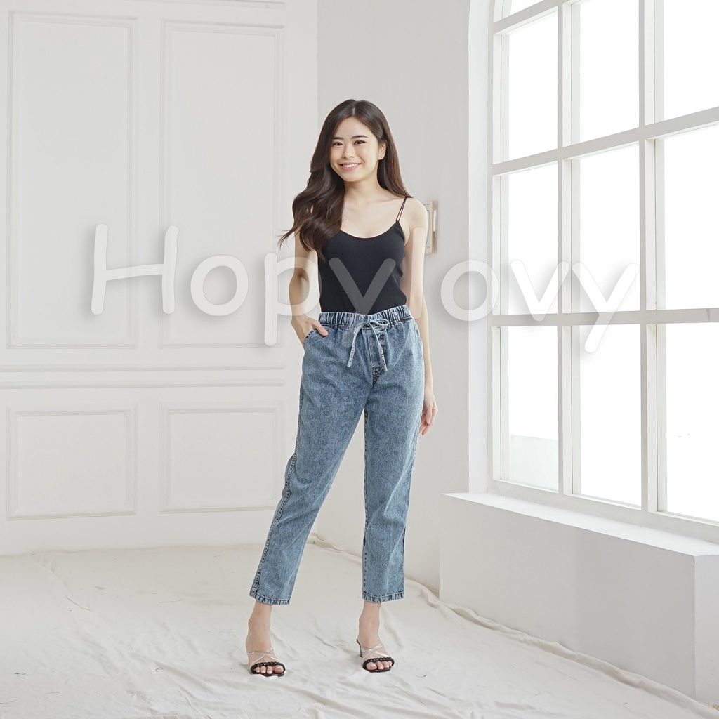 HOPYLOVY Celana Boyfriend Jeans Wanita Pinggang Karet BF Snow Eva