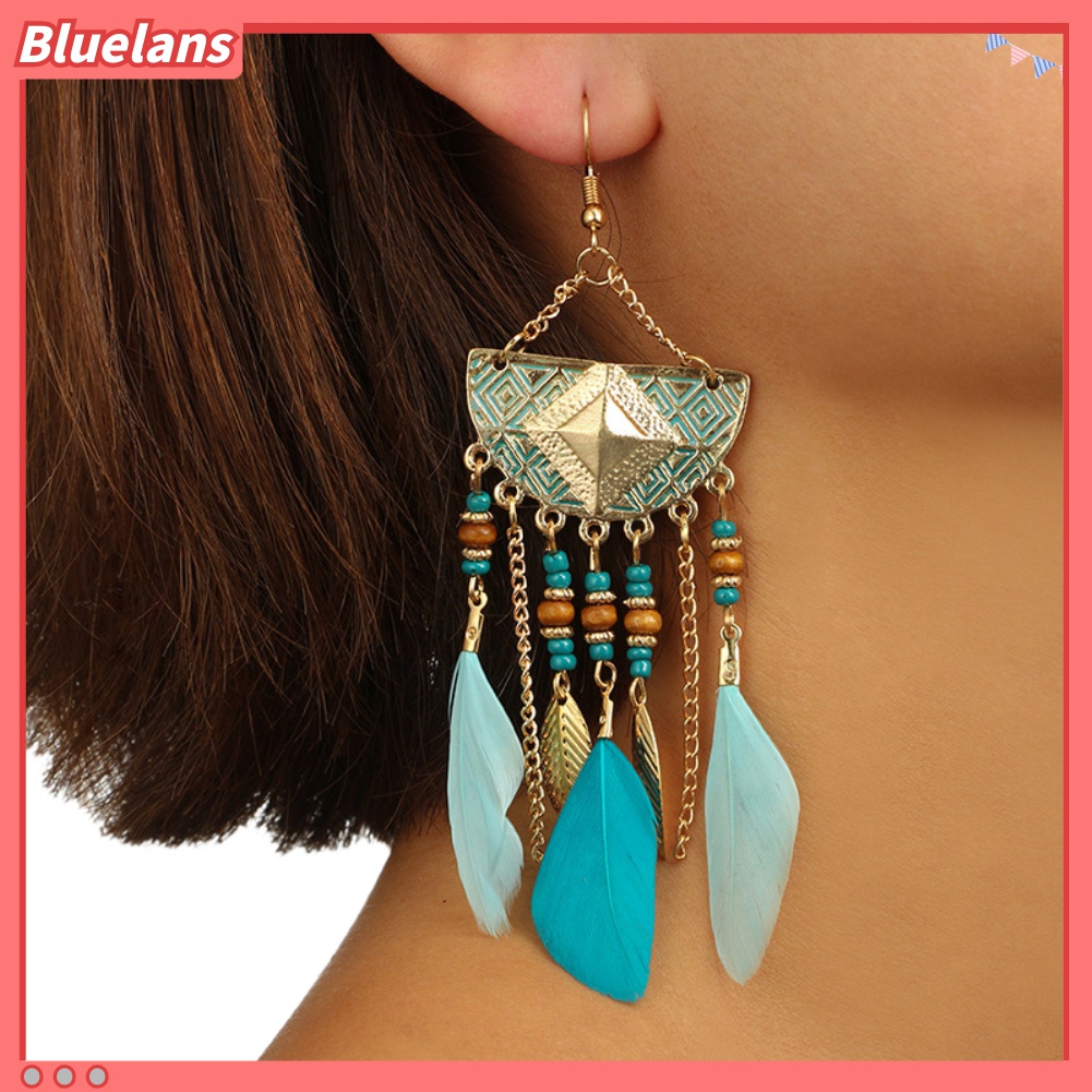 Anting Kait Bentuk Kipas Aksen Manik-Manik Rumbai Bulu Gaya Bohemian Untuk Wanita