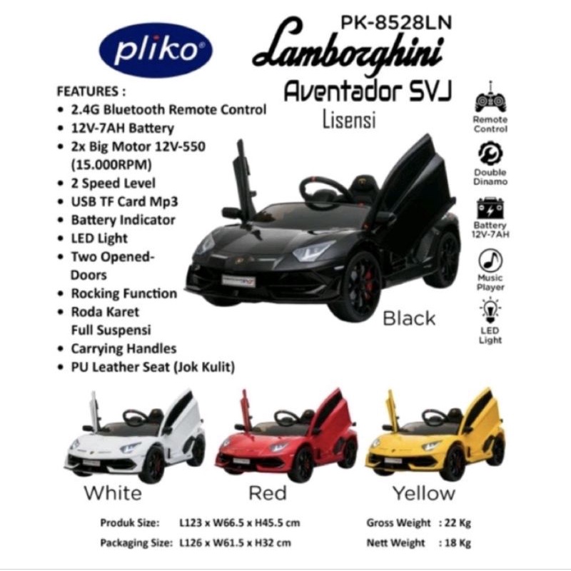 MOBIL AKI MAINAN ANAK PLIKO LAMBORGHINI AVENTADOR SVJ LISENSI BAN KARET JOK KULIT