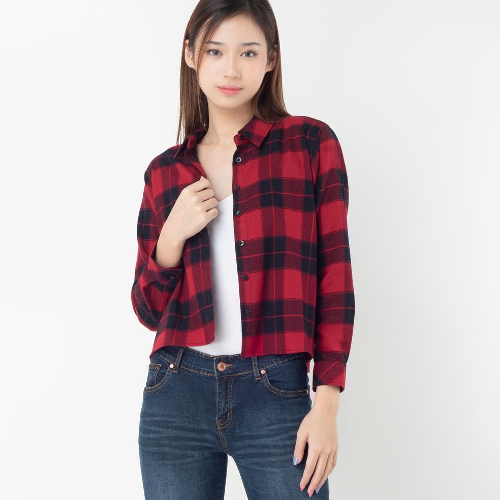 NWG.18Oc22ν • Benhill Kemeja Crop Top Wanita Flannel  Lengan Panjang Kotak Merah 268-11484