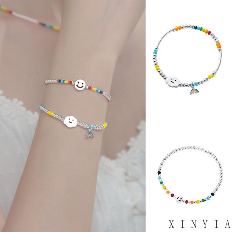 【READY STOCK】Gelang Tangan Wanita Desain Manik Pelangi Awan Smiley Face Multi Warna Hias Beruanghatiawan Smiley