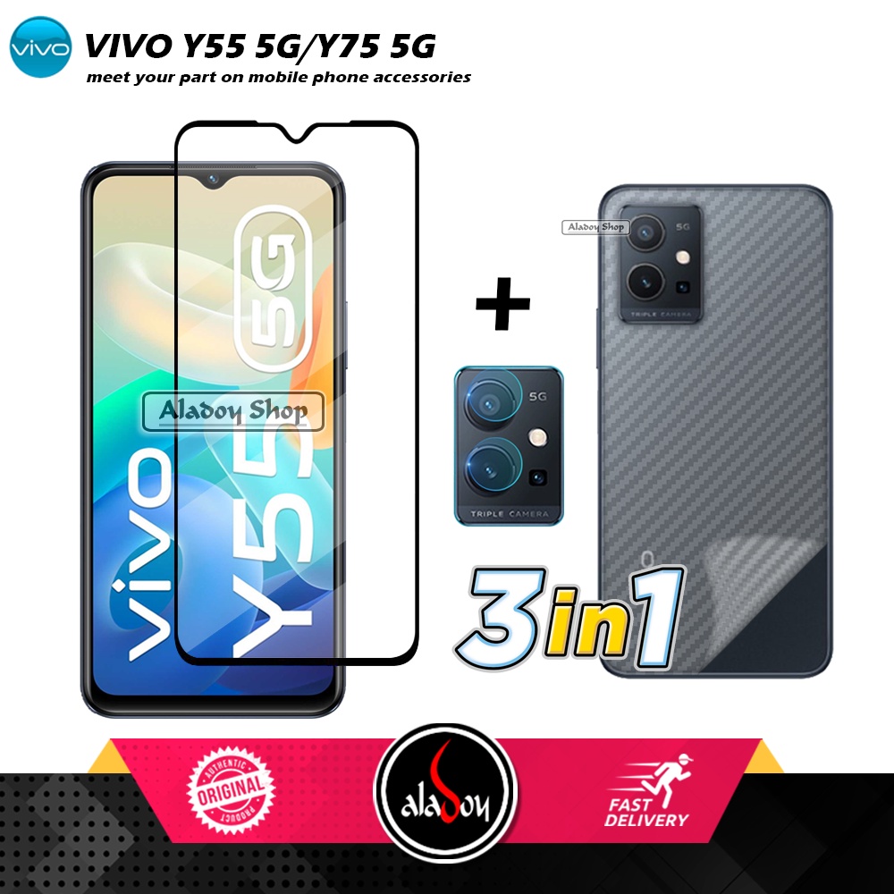 PROMO 3 IN 1 PAKET Tempered Glass Vivo Y55 5G/Y75 5G Free Tempered Glass Camera dan Skin Carbon