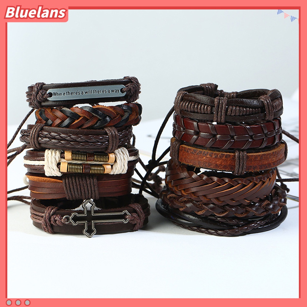 12pcs / Set Gelang Multilayer Bahan Kulit Imitasi Gaya Vintage Untuk Pria