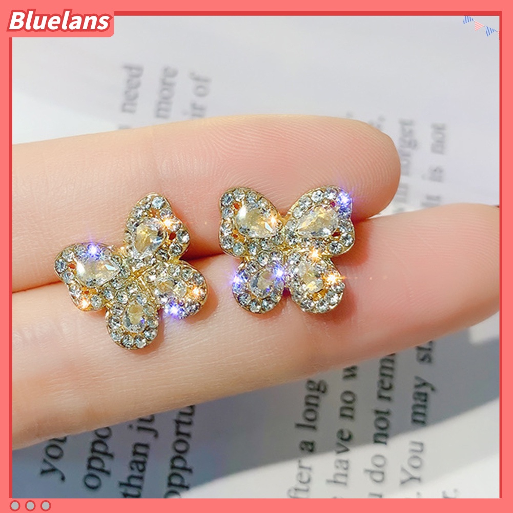 Bluelans Anting Stud Bentuk Kupu-Kupu Aksen Berlian Imitasi Untuk Wanita