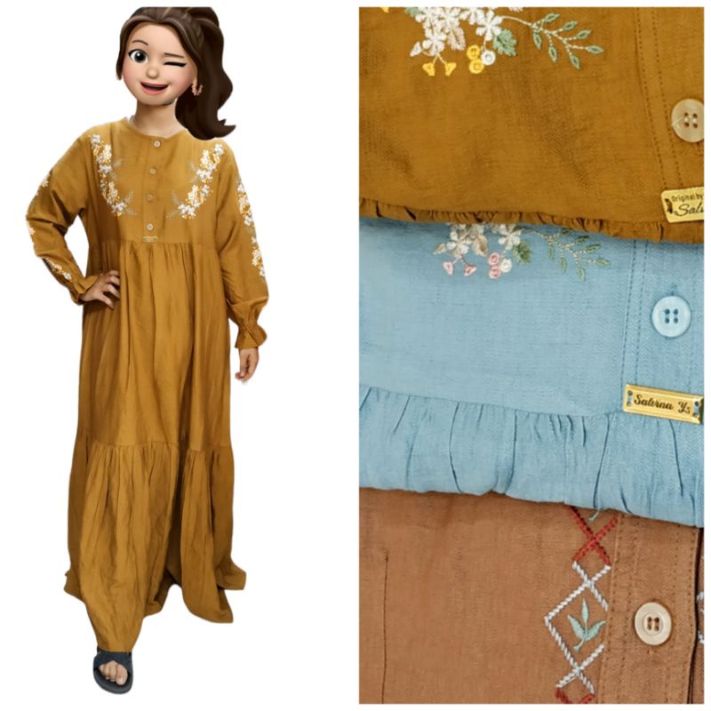 GAMIS SALVINA KRINGKLE WANITA BORDIR BUNGA PEREMPUAN LENGAN BALON BORDIR CRINGKLE IMPORT