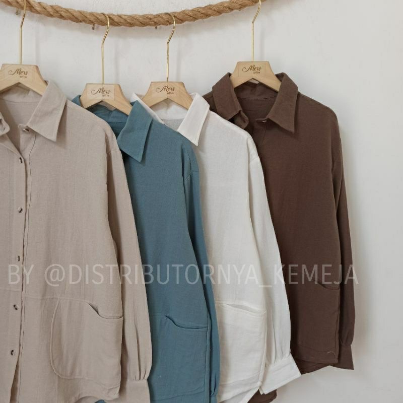 Kemeja Wanita Basic Lengan Panjang Saku Depan Bahan Katun linen Allsize Baju Atasan Ootd Kekinian