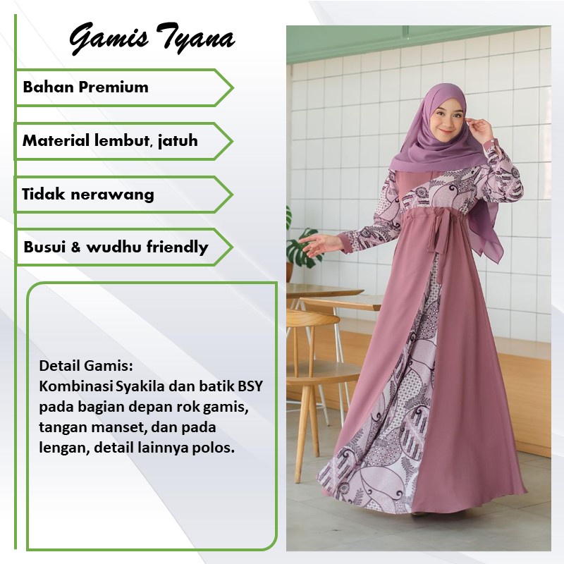 Gamis Tyana Dress Lavender Coksu Softpink Wanita Kombinasi Batik dan Polos