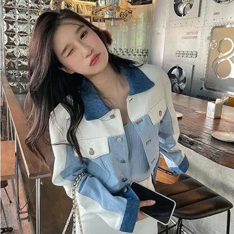 Nico##jaket denim/jaket jeans denim/Jaket tambal sulam denim pendek untuk wanita/jeans crop jaket wanita