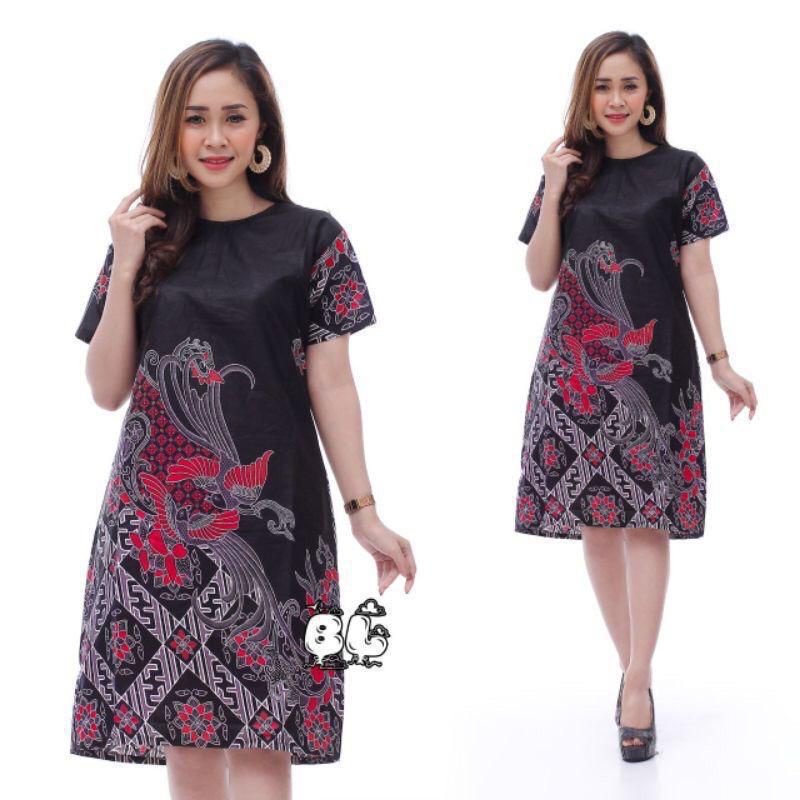 DRESS BATIK LENGAN PENDEK WARNA MERAH/ BAJU ATASAN WANITA UKURAN : M,L,XL,XXL