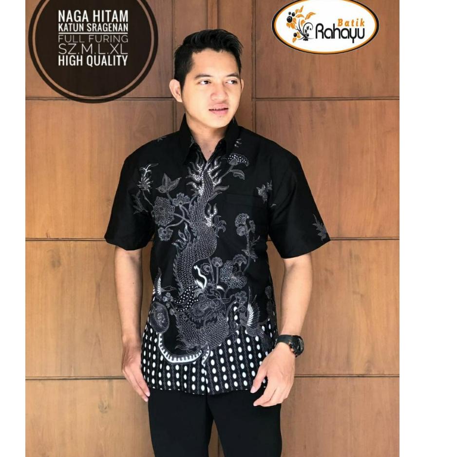 Muraaaahh.. Naga Hitam RAHAYU Kemeja batik pria motif naga abu hitam lengan pendek berfuring kemeja 