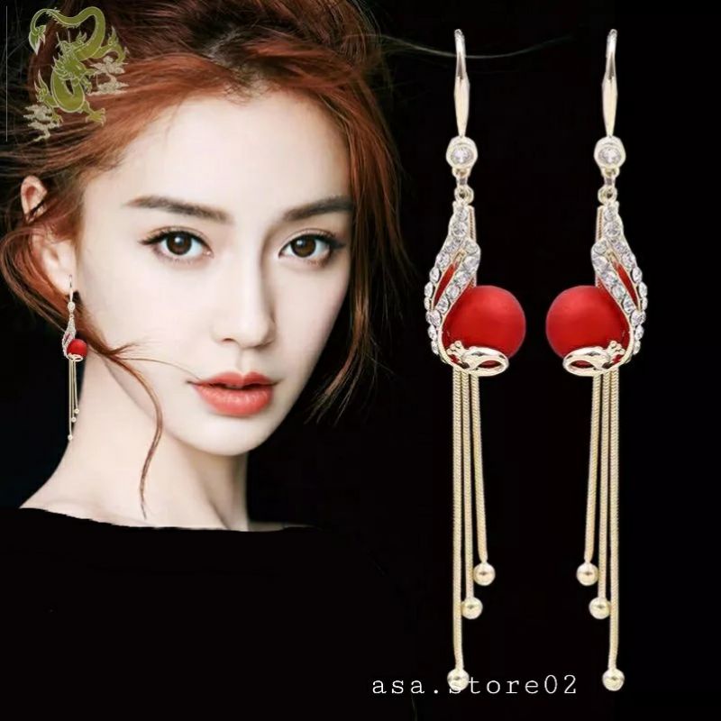 Anting Wanita Tusuk Gantung Anting Motif Merak Berlian Merah