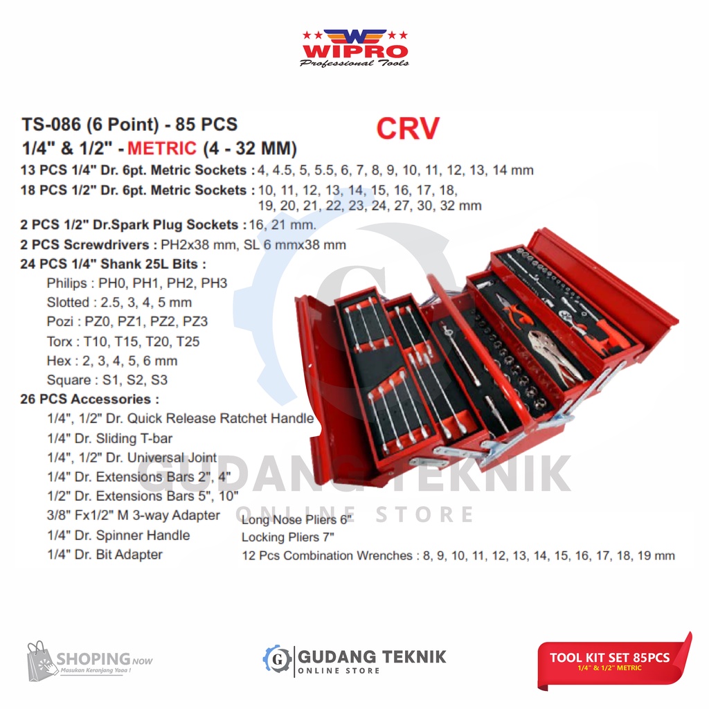Tool Kit Kunci Set 85pcs WIPRO TS-086 6PT / Tool Kit Sock Sok Set 1/4&quot; 1/2&quot; WIPRO TS086 6PT - Socket Wrench WIPRO TS 086 6PT