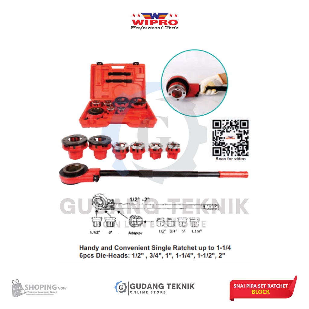 Alat Snai Pipa Set Ratchet Block 1/2&quot; - 2&quot; WIPRO SPR-1250 / Alat Drat Pipa 1/2inch - 2inch WIPRO SPR1250 - Drat Pipe SET Ratchet Block Wipro SPR 1250