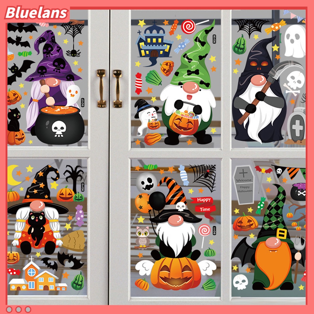 Stiker Elektrostatik Bahan PVC Tahan Air Dapat Dilepas Reusable Untuk Dekorasi Halloween Stiker Dinding Dengan Bahan Mudah Dilepas Dan Gambar Labu Penyihir Untuk Dekorasi Rumah