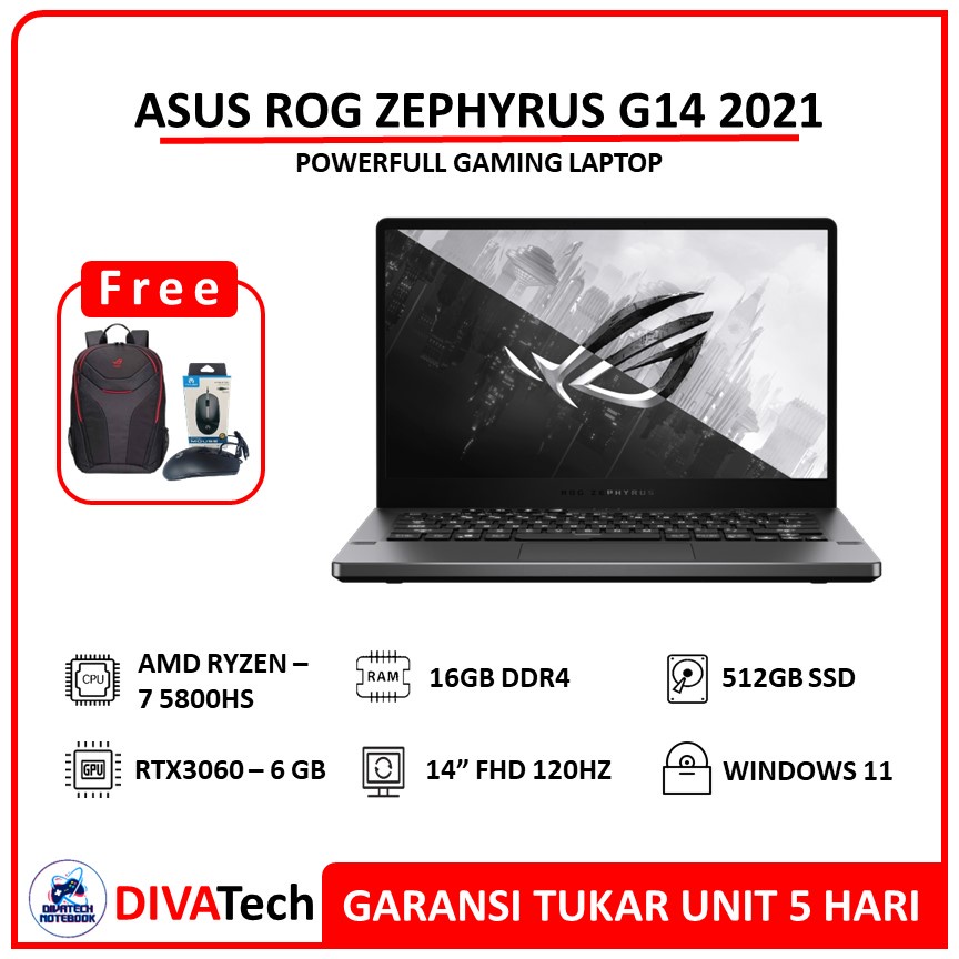 ASUS ROG ZEPHYRUS G14 GA401QM RTX3060 6GB RYZEN 7 5800H 16GB 512SSD | Laptop Gaming Asus