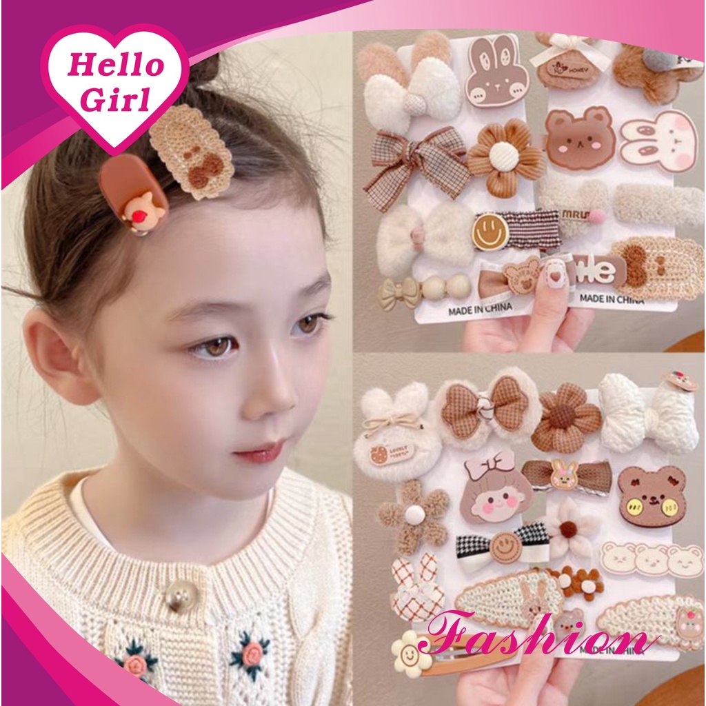 (Hello Girl)F167 8 In 1 Set Jepit Rambut Anak Dewasa Motif Pita Bunga Berbulu Gaya Korea Import