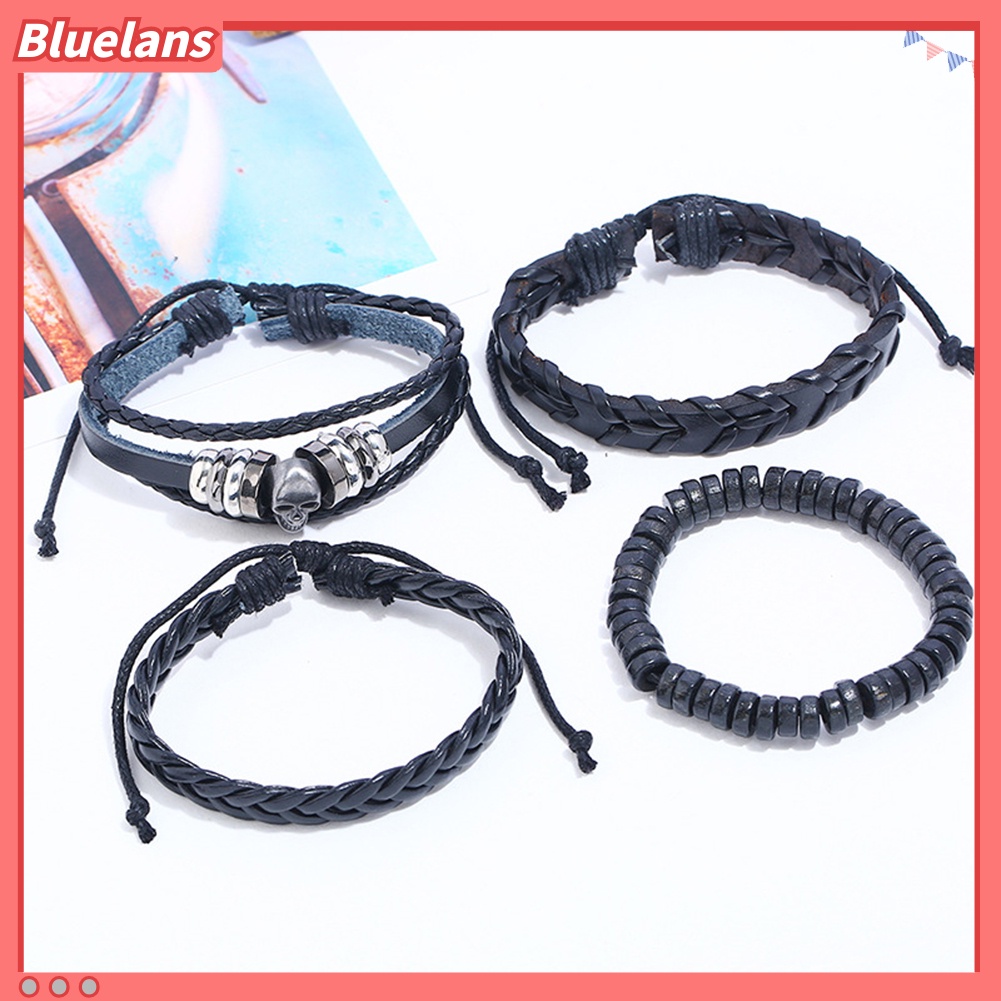 Bluelans 4Pcs Vintage Braided Skull Bracelets DIY Men Club Jewelry Wristband Charm