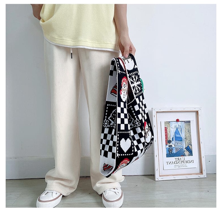 ❀ Chingu ❀ TW003 Tas Bene Korean Knitted Checkered Tote Bag Tas Rajut Christmas Natal Totebag Buffollow Vacay Viral Bangkok Import