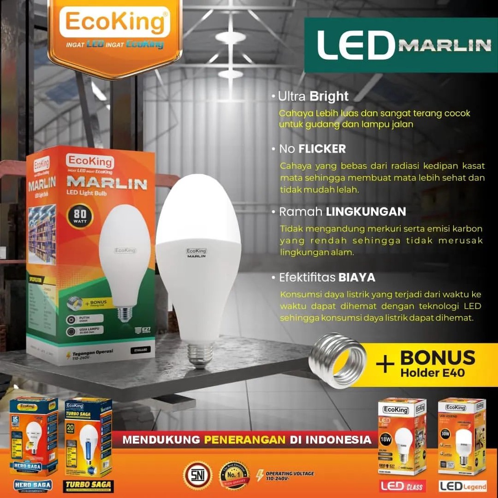 Ecoking lampu LED marlin 80W Watt E27 E40 Bola Lampu jalan ORIGINAL