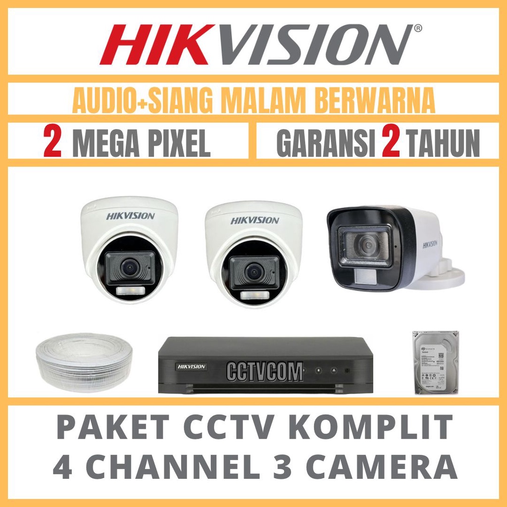 PAKET CCTV HIKVISION COLORVU 2MP 4 CHANNEL 3 CAMERA COLORFULL