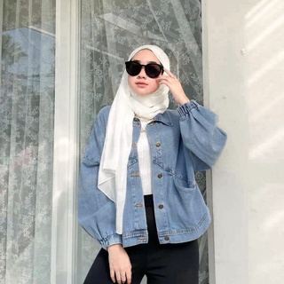 Jaket Jeans Wanita Vera Oversized Lengan Balon Lingkar Tangan Kerut Kekinian