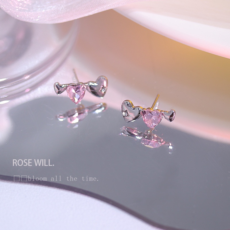 Anting Stud 925 Silver Bentuk Hati Aksen Berlian Warna Pink Untuk Wanita