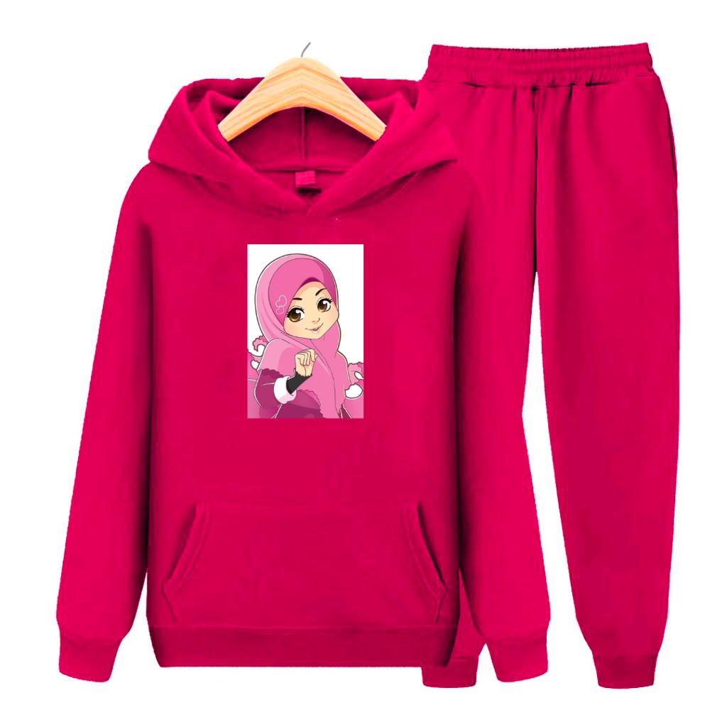 Setelan Anak Hijab Pink Kartun Sweater Hoodie Size S, M , XL, XXL