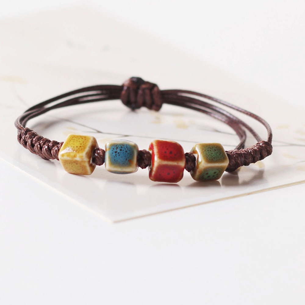 Gelang Tali Anyam Tangan Gaya Retro Elegan Dengan Charm Keramik Bulatkotak Untuk Wanita