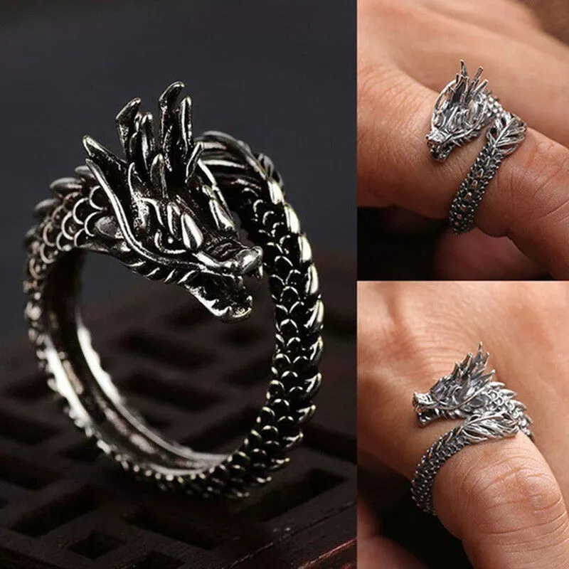 Cincin Model Terbuka Dapat Disesuaikan Desain Naga Hollow Gaya Vintage Punk Untuk Pria Dan Wanita