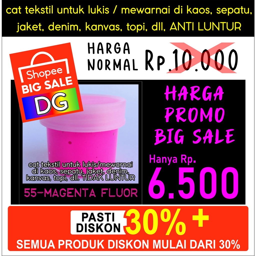 

Warna PINK MAGENTA FLUOR - Cat Tekstil utk lukis mewarnai di kaos / tas / sepatu / jeans / jaket / topi / kanvas - langsung pakai ANTI LUNTUR