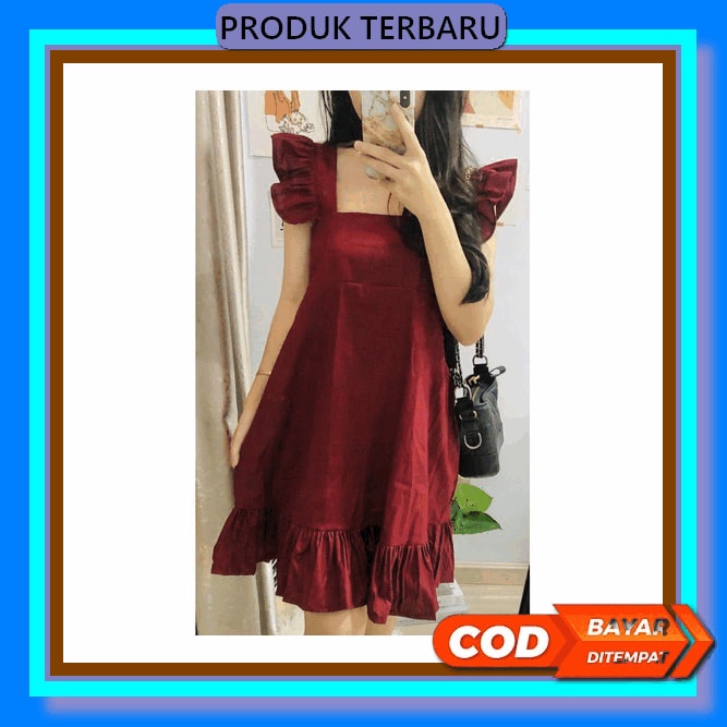Baju Dress Wanita Kekinian Midi Dress Korea Remaja Dewasa Full Brokat Merah Hitam Seragam Baju Pesta
