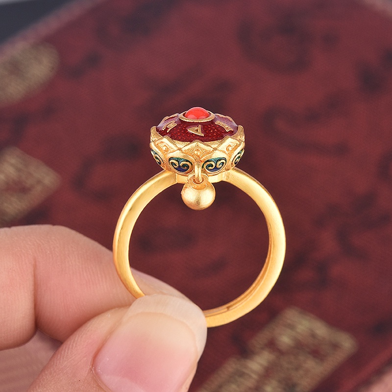 Goldkingdom Perhiasan Fashion 24K Bangkok Aksesoris Ready Stock Cincin Yang Dapat Disesuaikan Dengan Enam Karakter Jingyan Buatan Tangan Enamel Berwarna Membakar Transshipment Biru