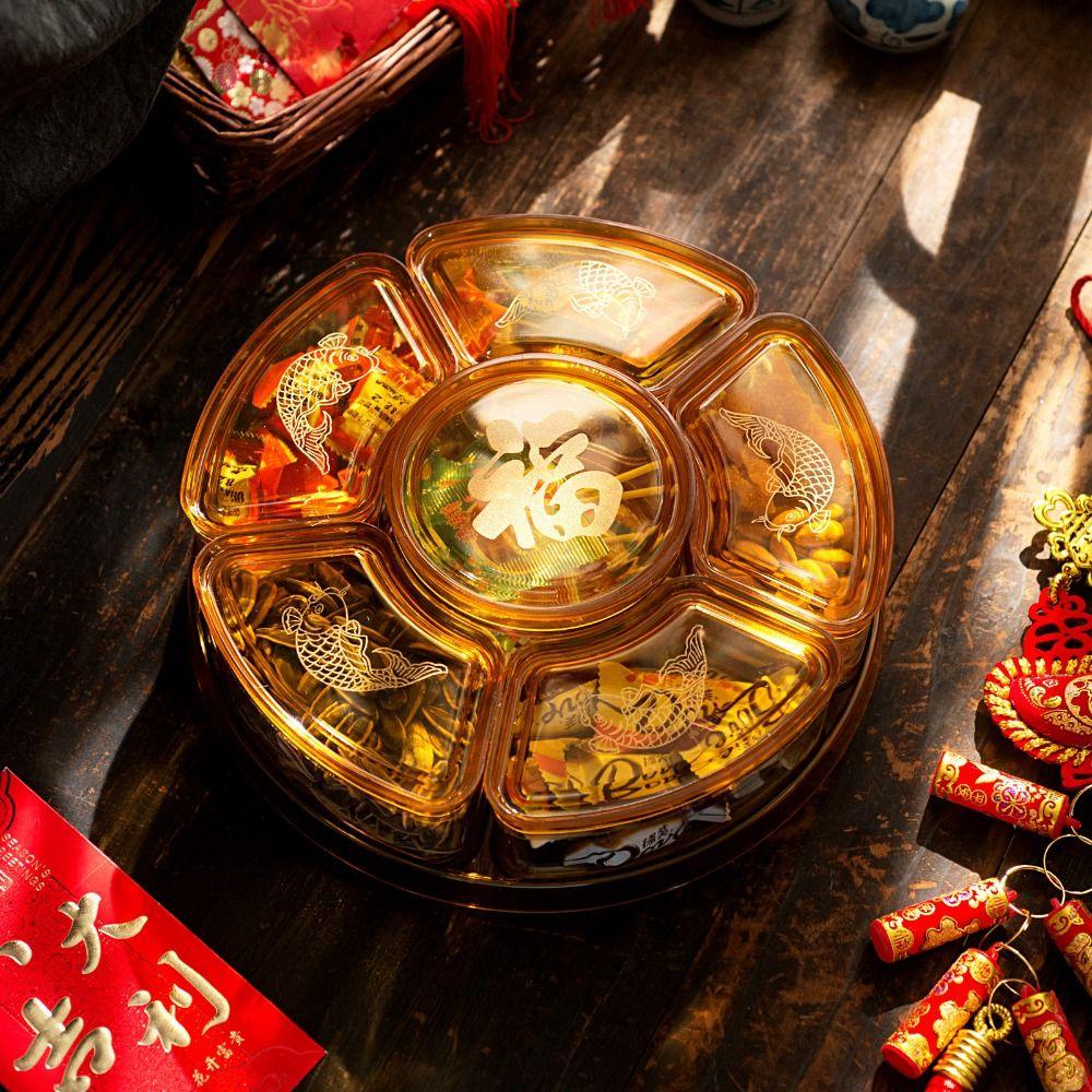 【 ELEGANT 】 Kotak Buah Kering Piknik Chinese New Year Organizer Plate Portable Dengan Tutup Rotating Food Saving Bins