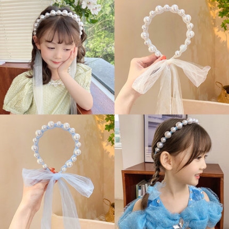 Bandana Mutiara Pita Tulle Panjang Bisa diikat Gaya Korea Bando Anak Import CAHAYA  B1