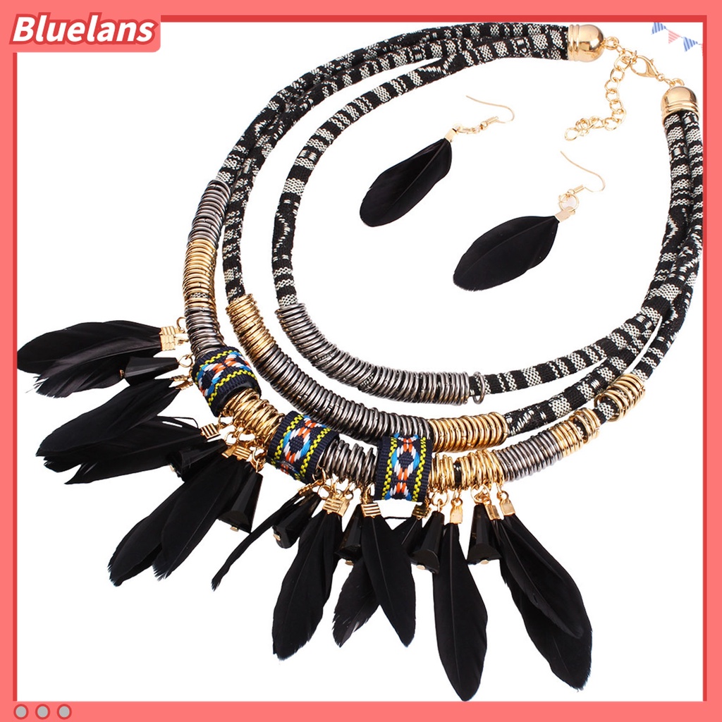 2pcs / Set Kalung Anting Rumbai Bulu Multilayer Bahan Alloy Gaya Bohemian Etnik Untuk Aksesoris Perhiasan