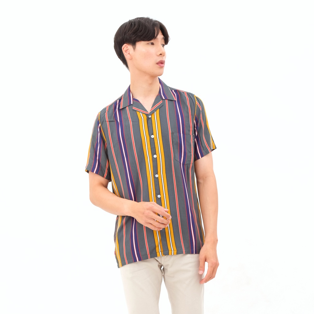 SANVANINA Kemeja Hawaiian Garis Garis Slim Fit Hem Baju Modern Pepito Stripes Shirt 2037