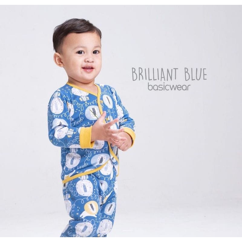 Velvet Junior Stelan Baju Lengan Panjang Kancing Depan &amp; Celana Panjang - Brilliant Blue Series (Isi 3 Pcs)