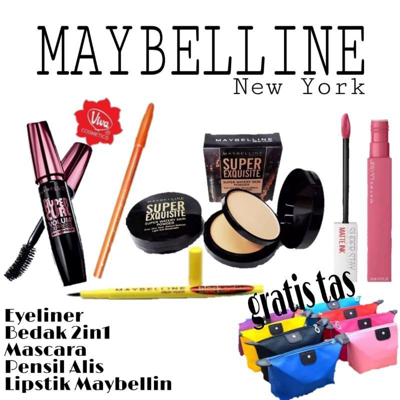 Paket Makeup Maybelline 5in1 Bedak 2in1 - Mascara - Eyeliner - Lipcream - Pensil Alis