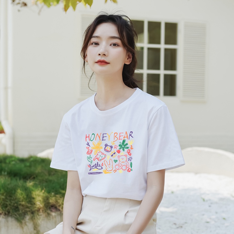 EUNII T-shirt Lengan Pendek Coretan Kartun Pencetakan Longgar Korean Style/Kaos Atasan Wanita/Baju Kaus Oversize Wanita