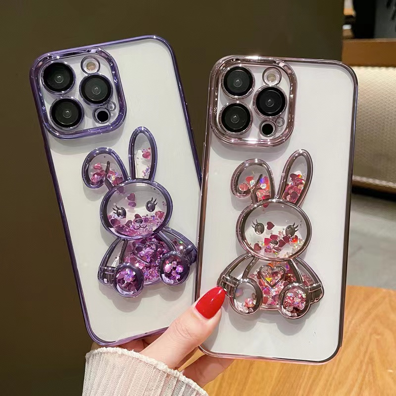 Case Pelindung Lensa Kamera Desain Kartun Kelinci 3D Warna Ungu Untuk iphone 14 pro max 14 plus 12 13 pro max