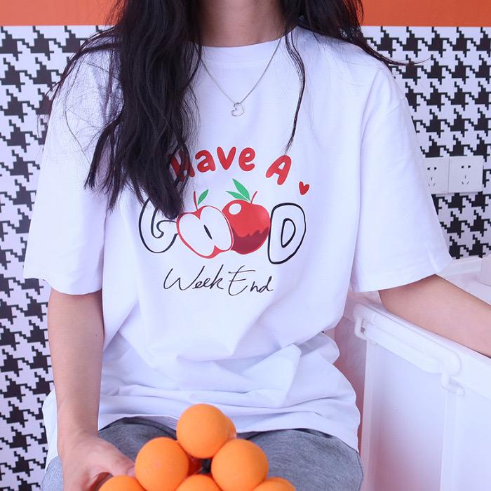 [littlecrab] Kaos Oversize Have A Good Weekend Cute Apple Love Bahan Berkualitas T-shirt Couple Unisex Simple Unik Gambar Apel Korean Style